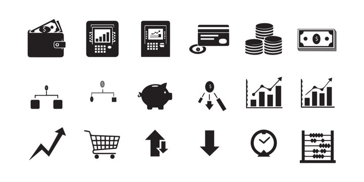 Collection of black finance and business icons vector set of representing money growth and transactions