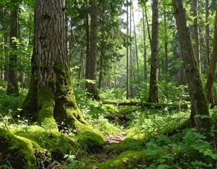 Lush forest floor bathed in sunlight