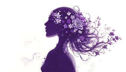 Enchanting Silhouette of a Woman Adorned with Delicate Purple Flowers and Lush Foliage