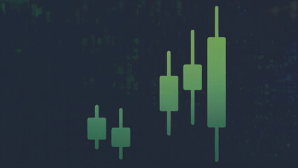 A financial chart showing green candlestick patterns against a dark blue and green abstract background