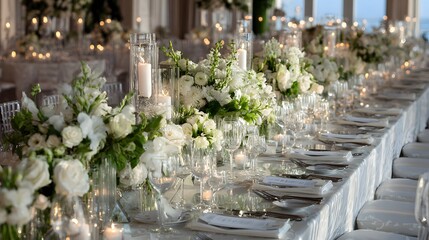 Elegant long table setting with white floral arrangements and candles.