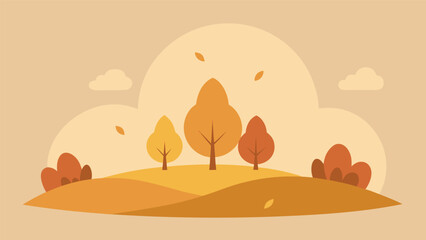 Fototapeta premium Vector art of a flat vector illustration of an autumn landscape with trees, bushes, clouds, and falling leaves warm and cozy scene