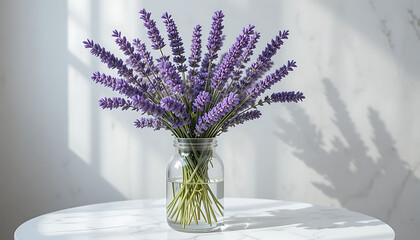 Vibrant purple lavender bouquet in a clear glass vase, bathed in soft natural light creating beautiful shadows on a textured white wall, conveying a sense of calm and natural beauty on a bright table