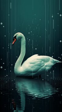 A majestic white swan glides peacefully on dark water, its graceful form highlighted against a moody, rainy backdrop.