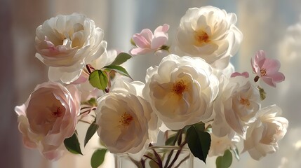 Fototapeta premium Bouquet of delicate cream and pink roses bathed in soft light.