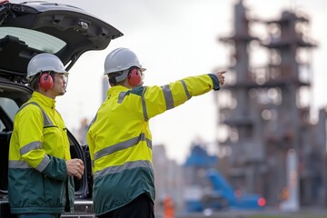 Fototapeta premium Two engineers wearing hard hats and safety gear inspecting an industrial factory. One engineer is pointing, discussing work