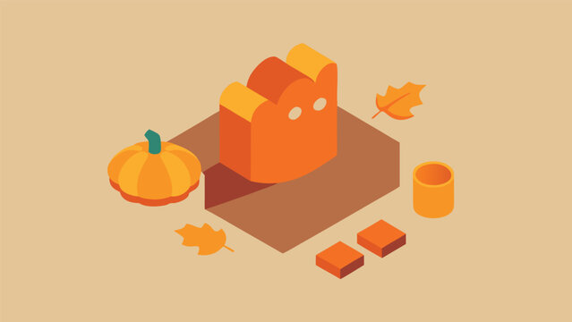 Vector art of isometric illustration of a pumpkin, a cat, and autumn leaves, creating a festive and seasonal scene with a warm color palette