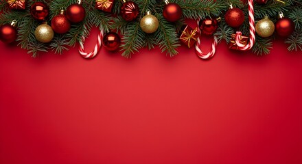 Christmas background with pine branches, baubles, and candy canes on red