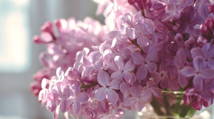 Fototapeta premium Soft pink and purple lilac flowers bloom in sunlight near a window.