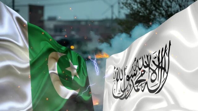 Conflict between Pakistan and Afghanistan flag waving rendering, 3D Flag wave afghanistan vs Pakistan 4k resolution animation, political or military conflict, not Peace, Unity, economy, or trade