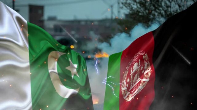 Conflict between Pakistan and Afghanistan flag waving rendering, 3D Flag wave afghanistan vs Pakistan 4k resolution animation, political or military conflict, not Peace, Unity, economy, or trade