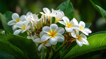 White and yellow tropical flowers bloom in lush green foliage.