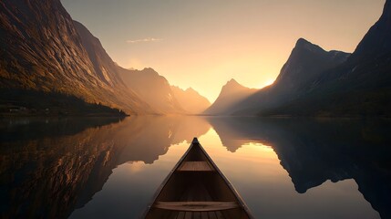 Canoe glides on serene lake with majestic mountains at sunrise.