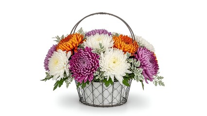 Colorful Flower Basket with White Purple Orange Chrysanthemums and Green Foliage on White Background
