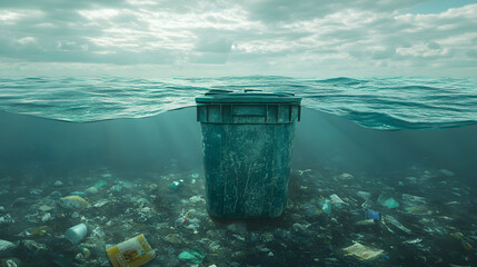Floating trash can ocean pollution plastic waste marine debris environmental damage water surface horizon cloudy sky sunlight rays sea current. Somber mood underscores conservation urgency