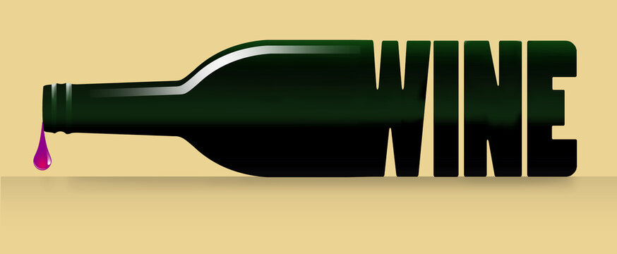A wine bottle merges into the word wine in a wine graphic with copy space and it is a 3-d illustration.