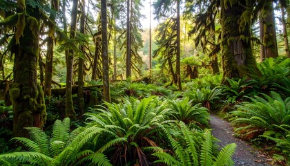 Lush forest path bathed in sunlight