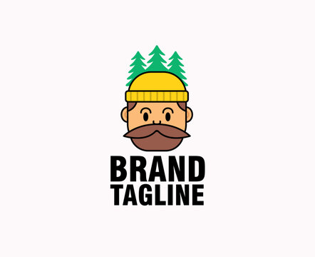 Cartoon logo illustration of a bearded man wearing a yellow beanie with pine trees behind him. The design features bold outlines and a playful hand-drawn style, ideal for branding, mascots