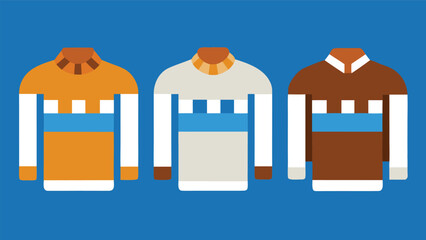 Vector art of three colorful sweaters on a blue background, perfect for a clothing store or a fashionrelated product advertisement