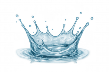Water splash crown forming, liquid drops breaking surface, clean blue fluid movement, transparent background creating dynamics and freshness