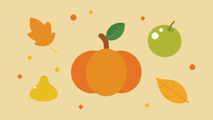 Vector art of a charming collection of autumn elements, including a pumpkin, apple, pear, and leaves, perfect for seasonal designs and decorations