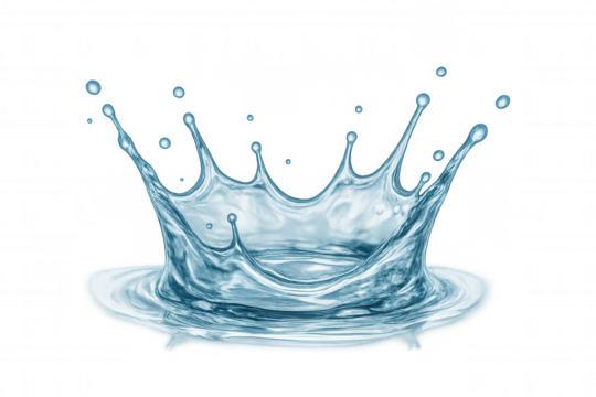 Water splash crown forming, liquid drops breaking surface, clean blue fluid movement, transparent background creating dynamics and freshness