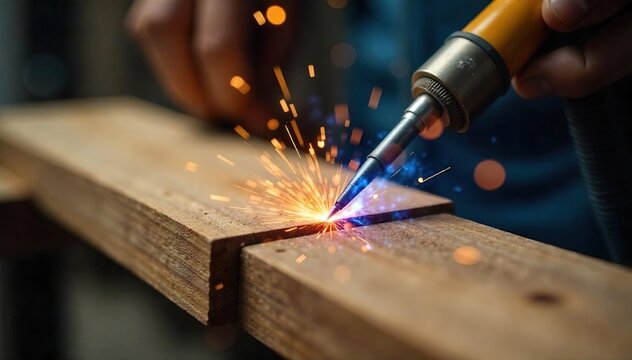 Welder Fusing Wooden Planks Close-up of Sparks Flying, Creating a Strong Joint - Perfect for DIY, Construction, and Woodworking Projects