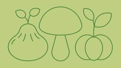Illustration of pear, mushroom, and apple with leaves in green outline on a light green background, creating a simple and clean design