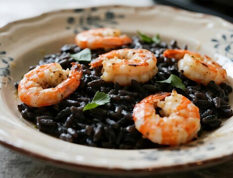 Squid Ink Risotto with Grilled Calamari & Shrimp. Risotto al Nero di Seppia con Calamari e Gamberi