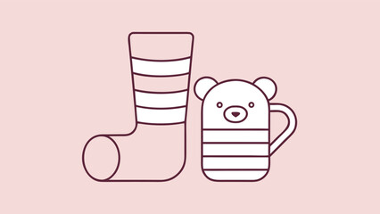 Vector art of cozy morning scene with a striped sock and a bear mug, perfect for a warm drink and a relaxing start to the day, line art