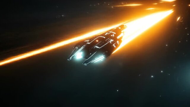 Futuristic spaceship flies through the dark abyss of outer space