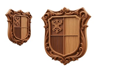 Decorative Wooden Shield with Ornate Carved Frame and Heraldic Emblem