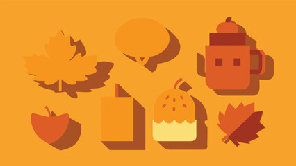 Vector art of a set of autumnthemed icons in a flat vector style with orange and brown tones on a yellow background, ideal for seasonal designs