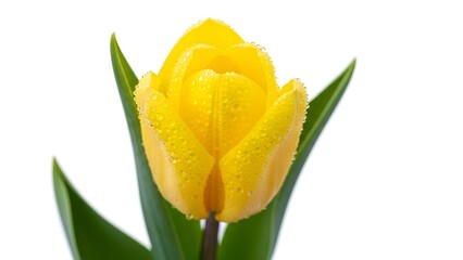 Naklejka premium Yellow Tulip Flower with Dew Drops on Bright White Background