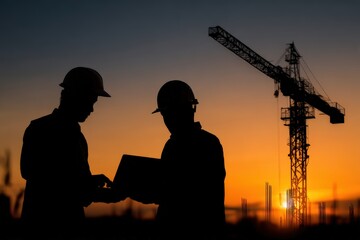 Fototapeta premium Two engineers wearing hard hats working with a laptop at a building site against a silhouetted crane and sunset