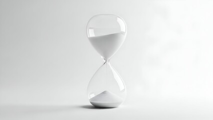 Clear Glass Hourglass Filled with White Sand on White Background Minimalist Timekeeping Device