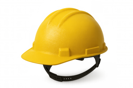 Yellow protective hard hat for worker safety, construction, engineering, and industrial concepts, shown on a transparent background