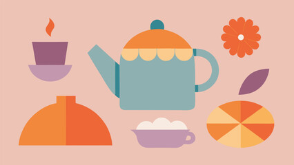 Vector art of a delightful vector illustration of a tea party set, featuring a teapot, cup, flower, and fruit on a pastel background