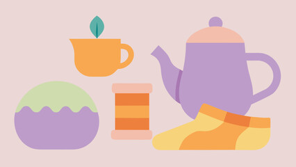 Vector art of a cozy collection of pastelcolored items, including a teapot, teacup, yarn, sock, and cake, creating a warm and inviting scene