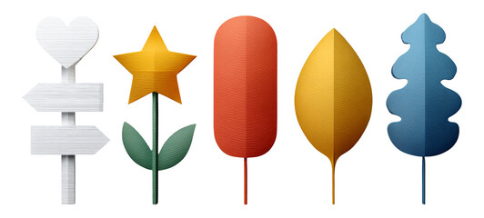 Colorful Isolated Shapes with Leaf, Star, Flower, and Sign Icons on Transparent Background