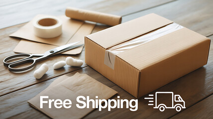 Free shipping box packaging supplies cardboard tape scissors delivery service online order concept