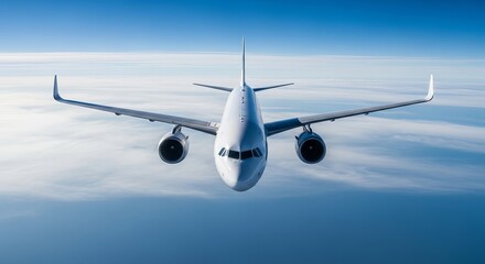 Commercial Airplane In Flight Above Clouds Air Travel Transportation Modern Aviation Aircraft White Plane Flying in the Blue Sky Airliner Jet Flight Aeroplane Adventure