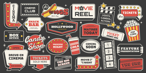 Retro cinema sticker set with movie ticket, popcorn, drive in, hot dog signs, Hollywood vibes and more, 1950s Americana style. Vector illustration for film and fun
