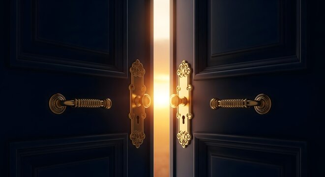 Open Door with Bright Light Coming Through, New Opportunity and Success Concept, Future Hope Pathway, Business Growth and Motivation Background with Copy Space