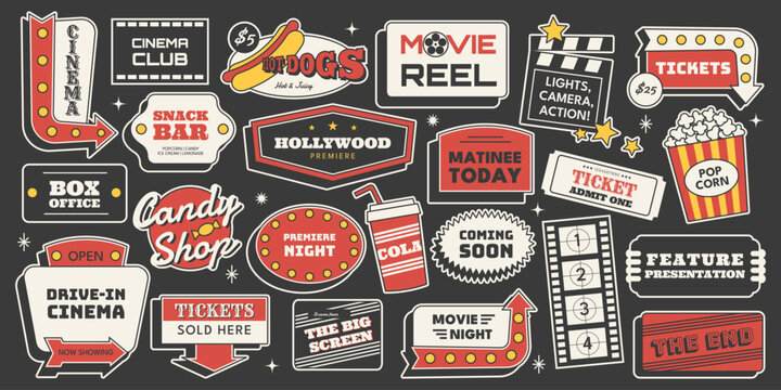 Retro cinema sticker set with movie ticket, popcorn, drive in, hot dog signs, Hollywood vibes and more, 1950s Americana style. Vector illustration for film and fun