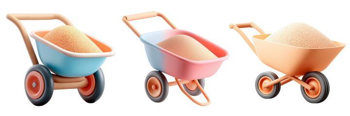 Set of Three Pastel Wheelbarrows Filled with Golden Granular Material