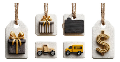 Detailed Gift Tags with Unique Designs and Elements on Isolated Transparent Background
