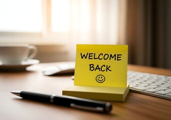 Welcome back note on office desk workspace, positive return to work and productivity message, motivation greeting and professional lifestyle concept