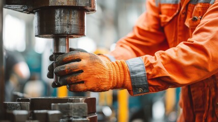Stunning photo of closeup of a worker in orange overalls using a drill press.