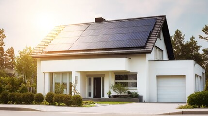 Fototapeta premium A modern white house with solar panels, basking in bright daylight, symbolizing sustainable energy and innovation.